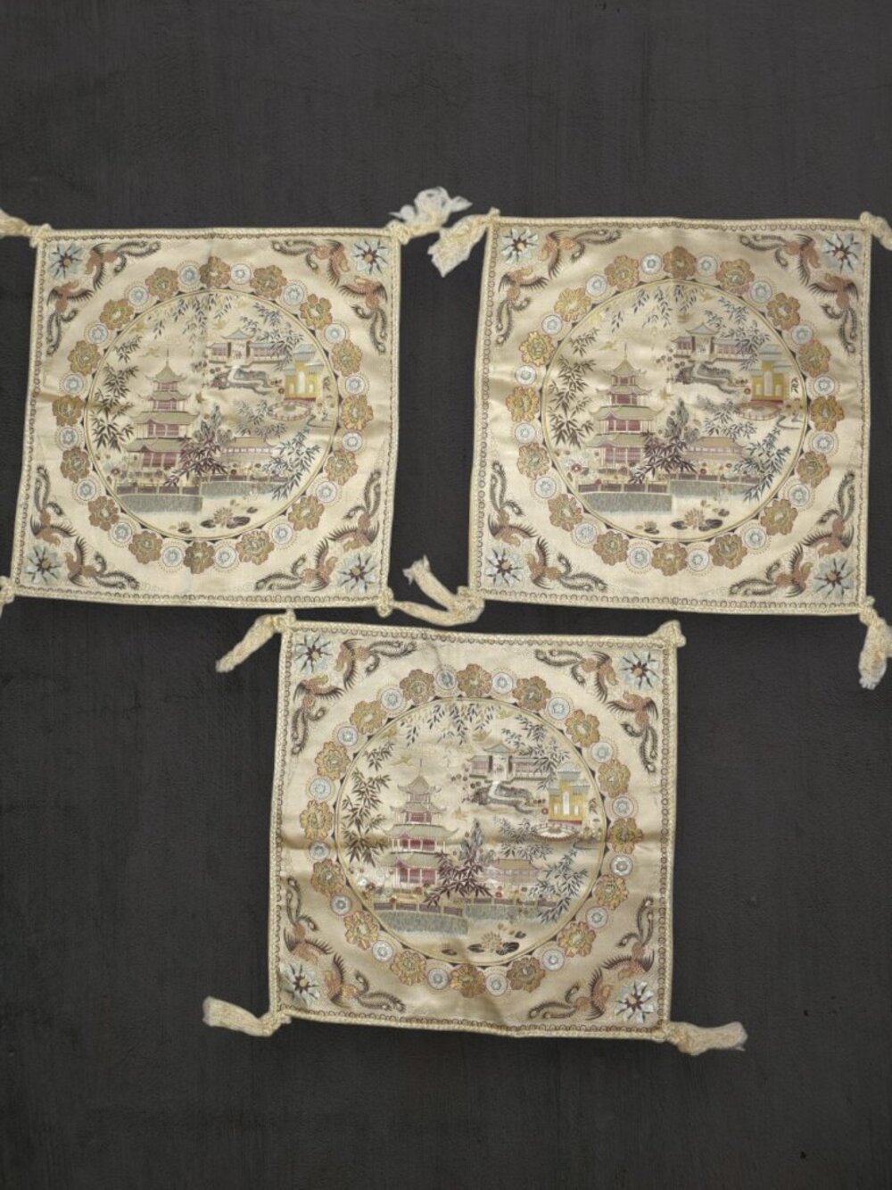 Set of 3 Vintage Shu Jin Chinese Brocade Pillowcases Beautiful Design